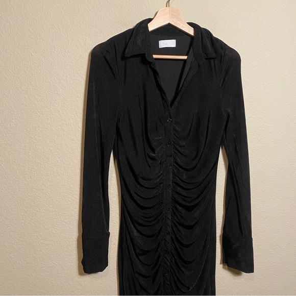 Isalis black long sleeve collared ruched midi dress - Picture 2 of 6